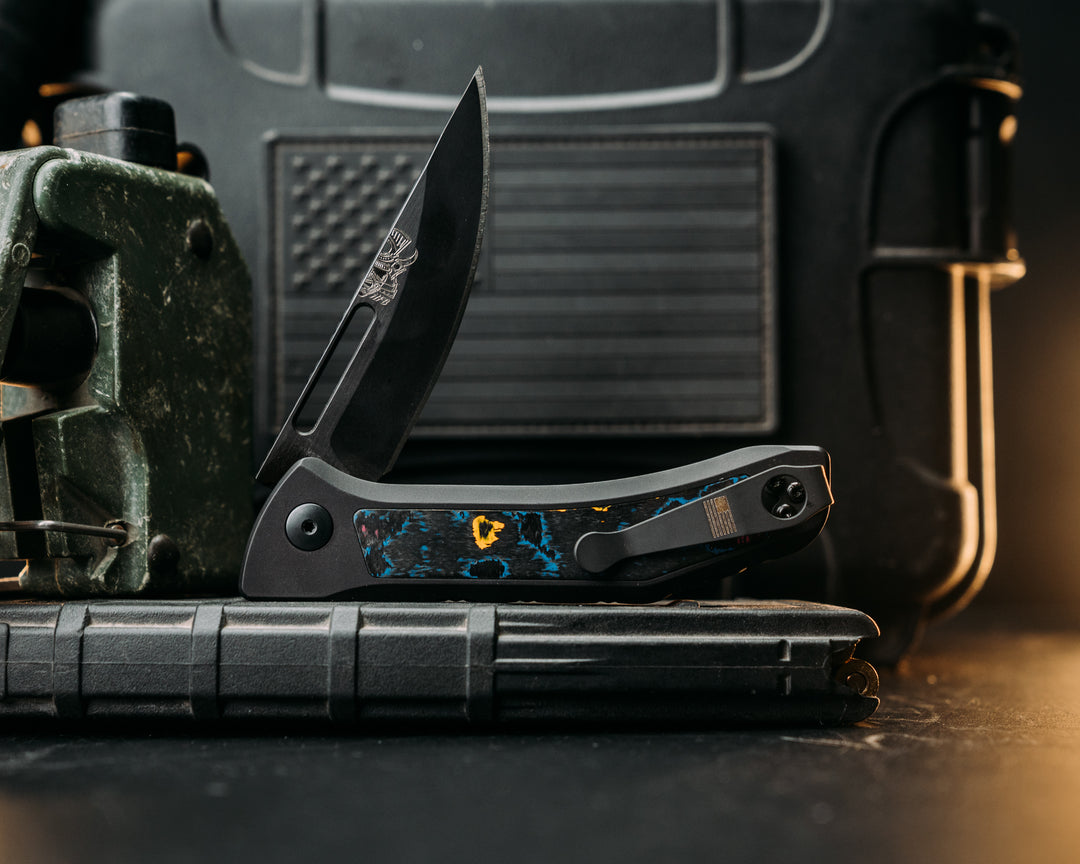 Custom Kwaiken Folder - 80's Camo Carbon, Anodized Black Handle, Black Nitride Blade, Textured Grip, Deep Carry Pocket Clip