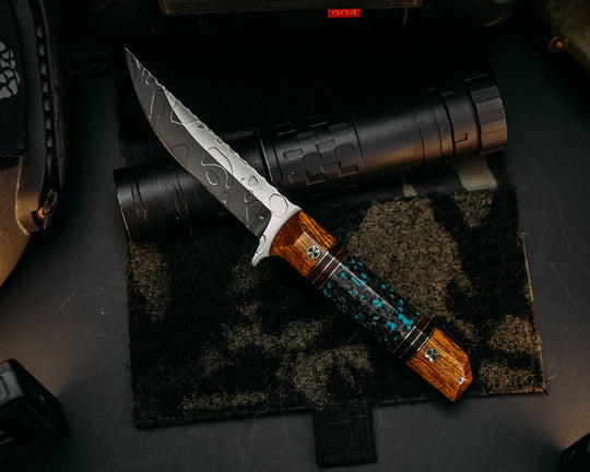 Kwaiken FC - Desert Ironwood, Black G10 & Brass Pin Striping, Desert ironwood & RockyWave Turquoise Carbon Splits, Mosaic Pins, Angled Grip.