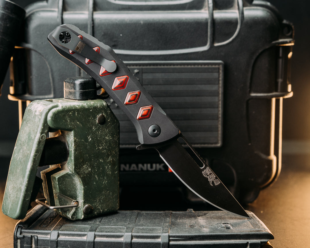 Custom Kwaiken Folder- Red Dragon Camo Quartz, Anodized Black Handle, Black Nitride Blade, Textured Grip, Deep Carry Pocket Clip