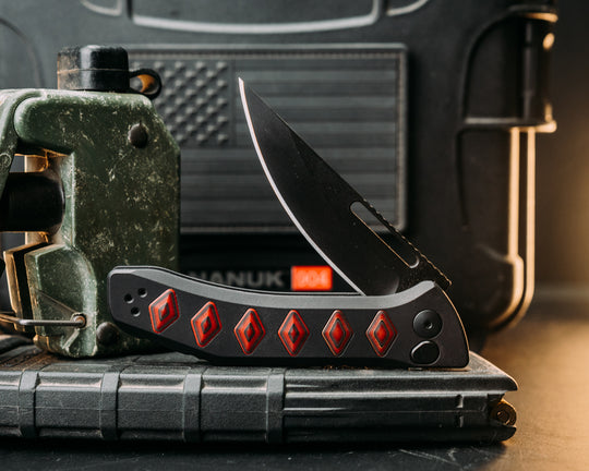 Custom Kwaiken Folder- Red Dragon Camo Quartz, Anodized Black Handle, Black Nitride Blade, Textured Grip, Deep Carry Pocket Clip