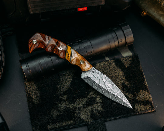4" HUMINT - Dyed Giraffe Bone, Black G10 & Brass Pin Striping, Leopard Skin Jasper Tru Stone, Hawaiian Curly Koa, Mosaic Pins, Textured Grip.
