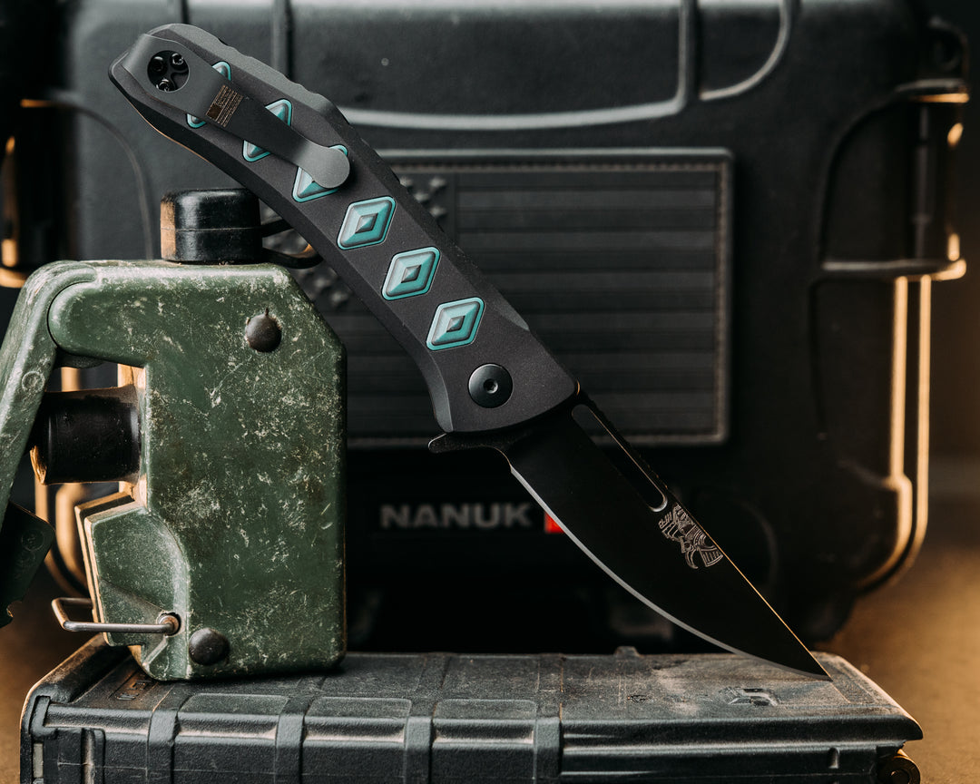 Custom Kwaiken Folder- Aquamarine Camo Quartz, Anodized Black Handle, Black Nitride Blade, Textured Grip, Deep Carry Pocket Clip