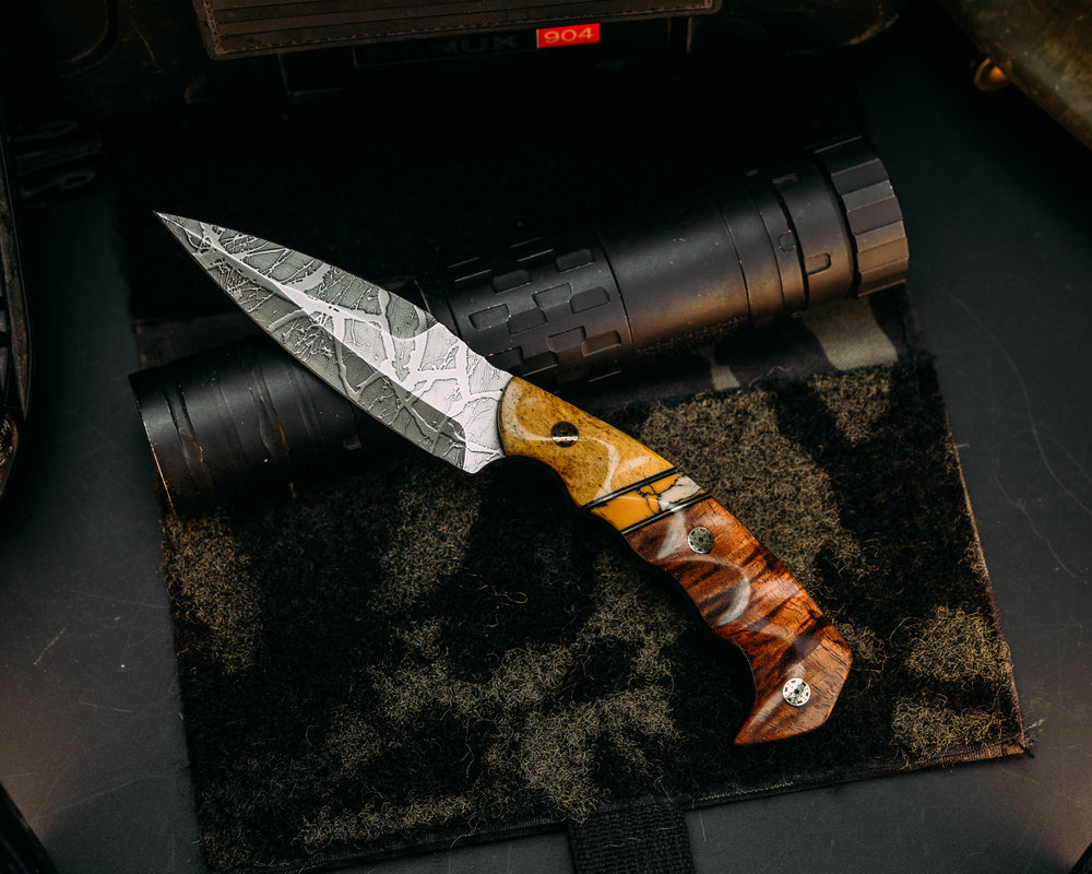 4" HUMINT - Dyed Giraffe Bone, Black G10 & Brass Pin Striping, Leopard Skin Jasper Tru Stone, Hawaiian Curly Koa, Mosaic Pins, Textured Grip.