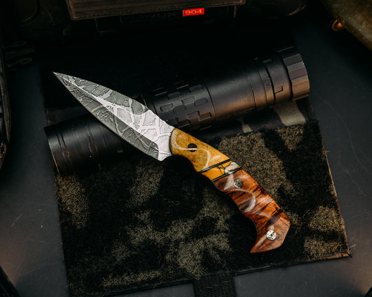 4" HUMINT - Dyed Giraffe Bone, Black G10 & Brass Pin Striping, Leopard Skin Jasper Tru Stone, Hawaiian Curly Koa, Mosaic Pins, Textured Grip.