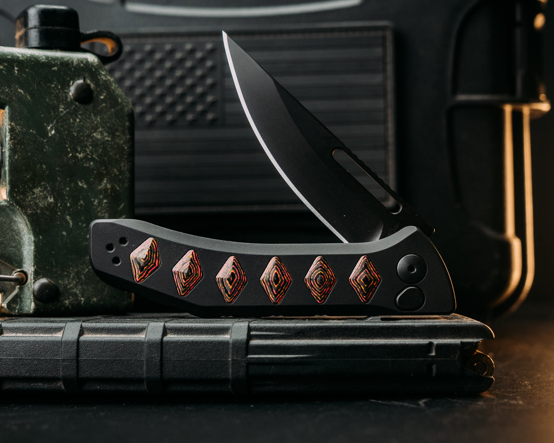 Custom Kwaiken Folder- FAT Carbon Fiber, Anodized Black Handle, Black Nitride Blade, Textured Grip, Deep Carry Pocket Clip
