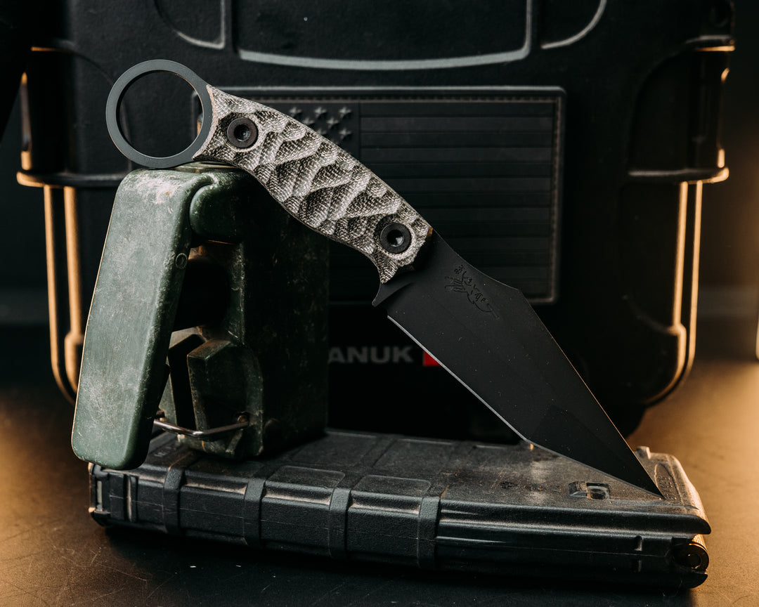 Ringed Tac Tanto- OD Green Canvas Micarta, Armor Black Cerakote, Allen Bolts, Textured Grip