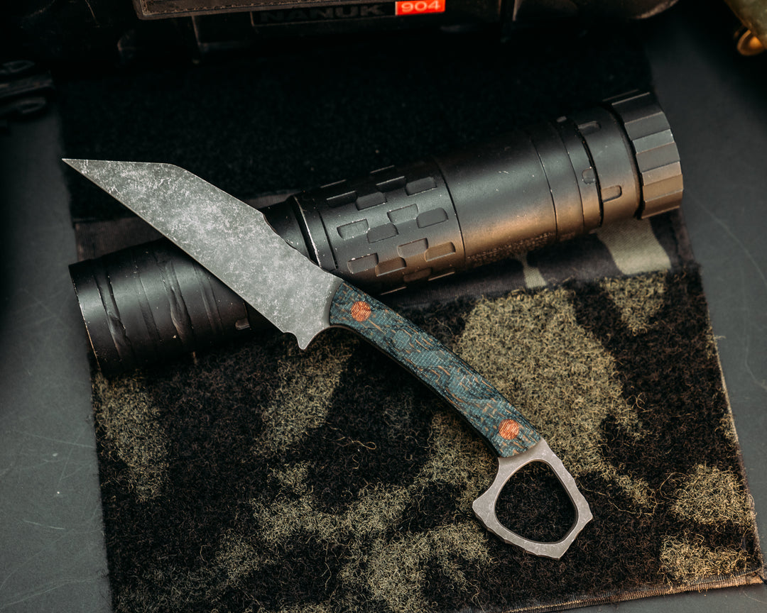 SHPOS - Kamari Burlap Micarta, Fire Canvas Micarta, Chaos Grip.