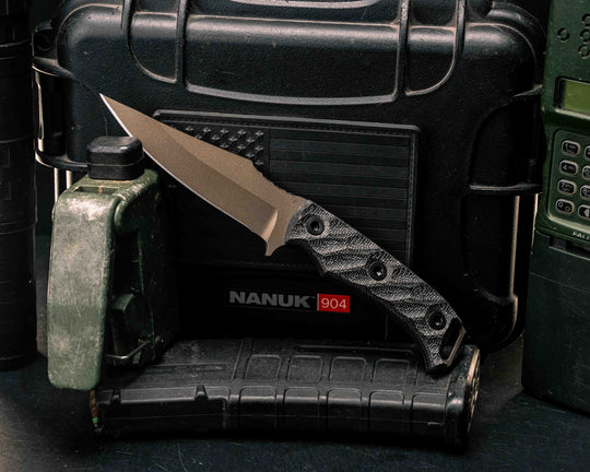 Tosahwi- Black Canvas Micarta, Midnight Bronze Cerakote, Allen Bolts, Textured Grip