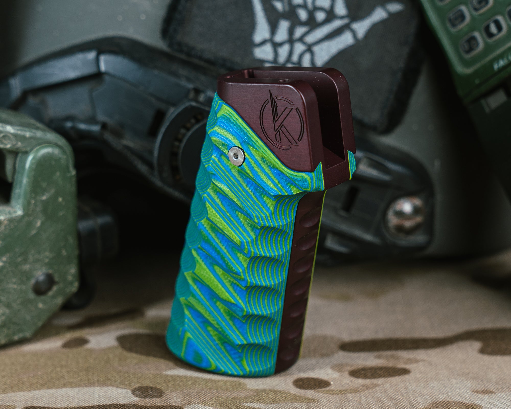Kinetic Grip System- Red with Blue and Green Layered G10 Snake