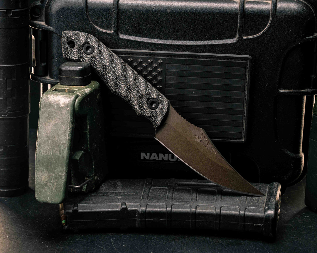 Red Cloud- Black Canvas Micarta, Midnight Bronze Cerakote, Allen Bolts, Textured Grip