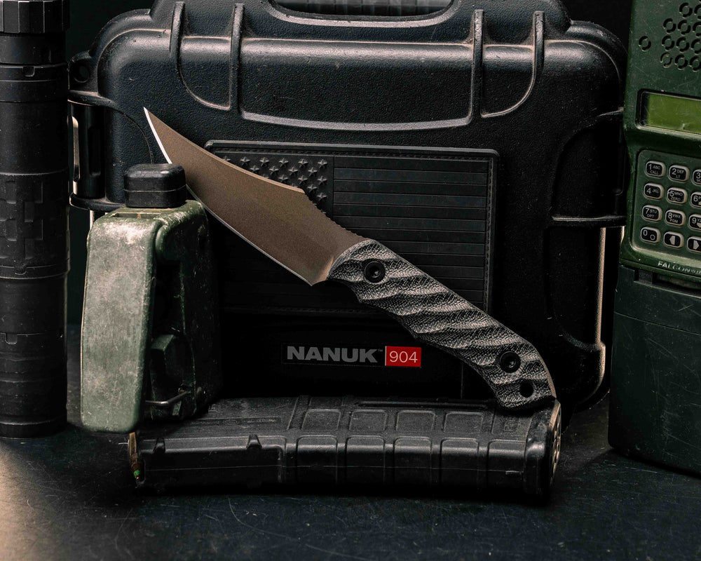 Red Cloud- Black Canvas Micarta, Midnight Bronze Cerakote, Allen Bolts, Textured Grip