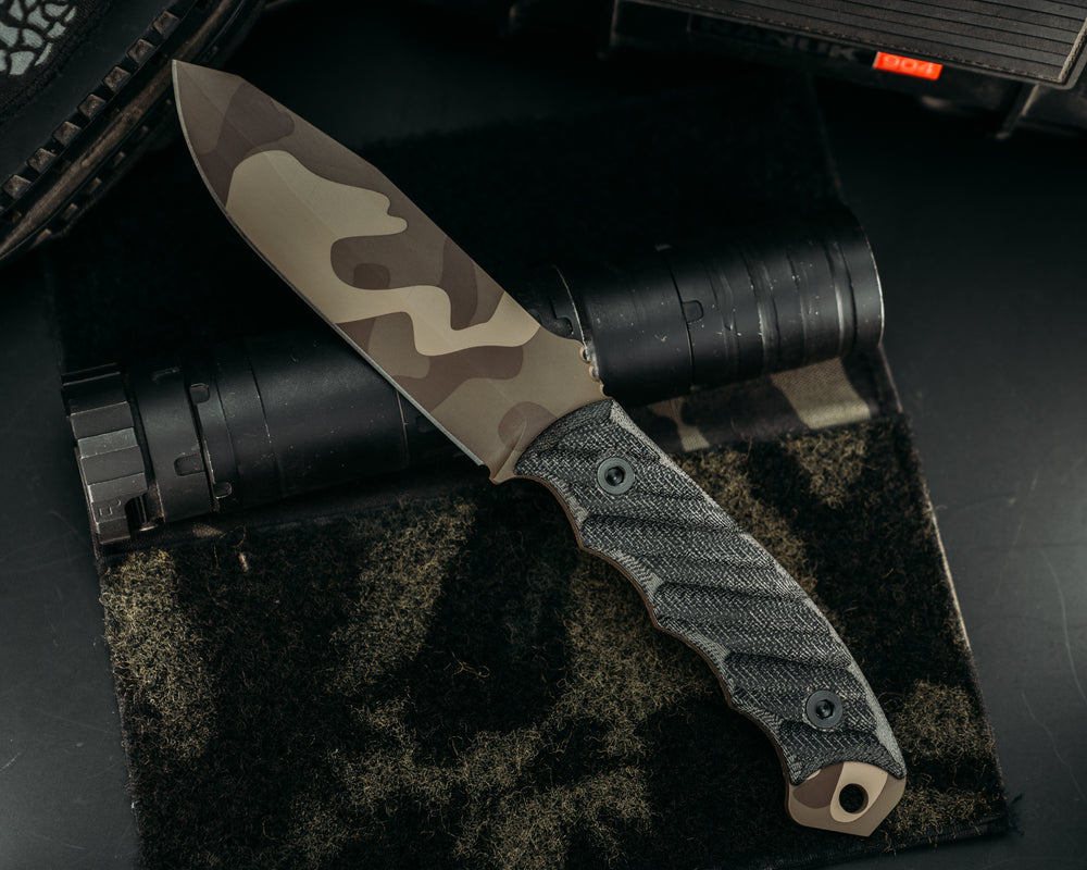 Disaster Breacher - Black Canvas Micarta, Desert Mulitcam Cerakote, Allen Bolts, Iron Grip