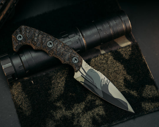 4"  HUMINT- Black & OD Green Burlap Micarta, Black Rhodesian Cerakote, Allen Bolts, Chaos Grip