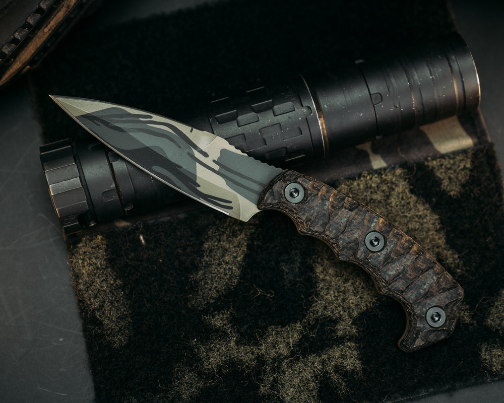 4"  HUMINT- Black & OD Green Burlap Micarta, Black Rhodesian Cerakote, Allen Bolts, Chaos Grip