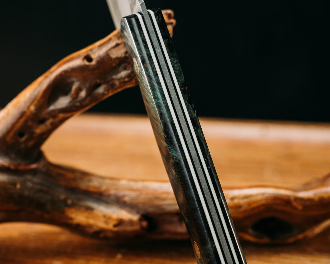 Chef Blade - Dyed Box Elder, Black & Ivory G10 Liners, Mosaic Pins Smooth Grip.
