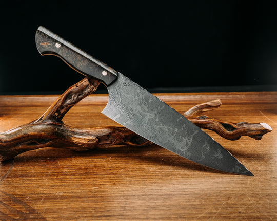 Chef Blade - Dyed Black Ash w/ Black & G10 Liners, Mosaic Pins Smooth Grip.