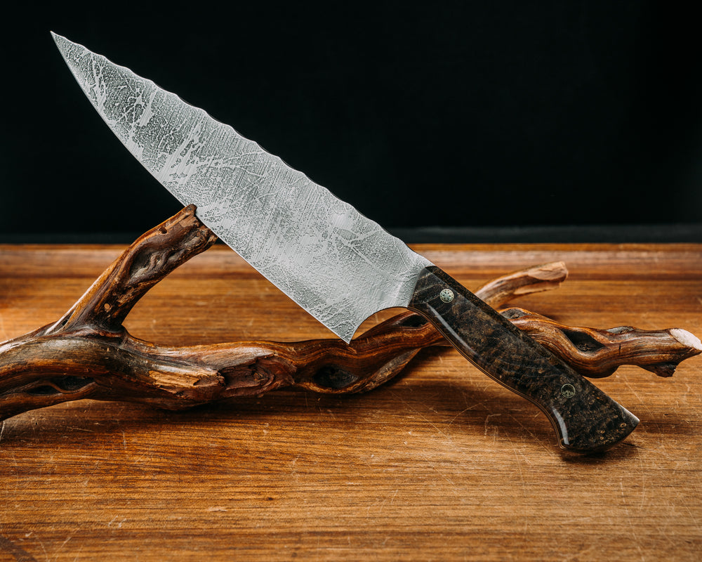 Chef Blade - Dyed Black Ash w/ Black & G10 Liners, Mosaic Pins Smooth Grip.