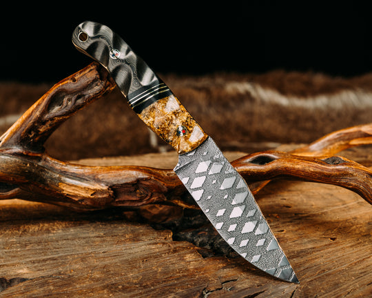 Crow Scalper- Gold Flakes in resin, Black Canvas Micarta & Brass Split, Gold Camo Carbon, Patriot Mosaic Pins, Brass Lanyard Pin.