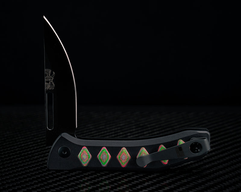 Custom Kwaiken Folder-  Aurora Camoquartz, Anodized Black Handle, Black Nitride Blade, Textured Grip, Deep Carry Pocket Clip