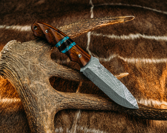 Disaster Breacher - Desert Ironwood, Black G10 & Brass Pin Striping, Turquoise w/ Copper Web Tru Stone Splits,  Patriot Mosaic Pins, Contoured & Grooved Grip.