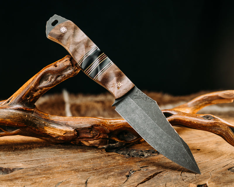 Field Knife- Maple Burl, Black & OD Green G10 w/ Copper Pin Striping, Black Canvas Micarta Splits, Mosaic Puns Textured Grip.