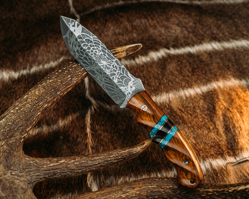 Disaster Breacher - Desert Ironwood, Black G10 & Brass Pin Striping, Turquoise w/ Copper Web Tru Stone Splits,  Patriot Mosaic Pins, Contoured & Grooved Grip.