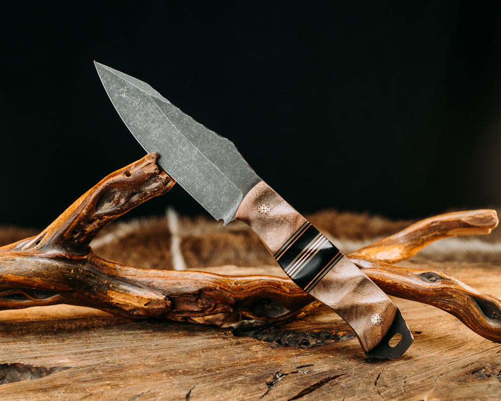 Field Knife- Maple Burl, Black & OD Green G10 w/ Copper Pin Striping, Black Canvas Micarta Splits, Mosaic Puns Textured Grip.