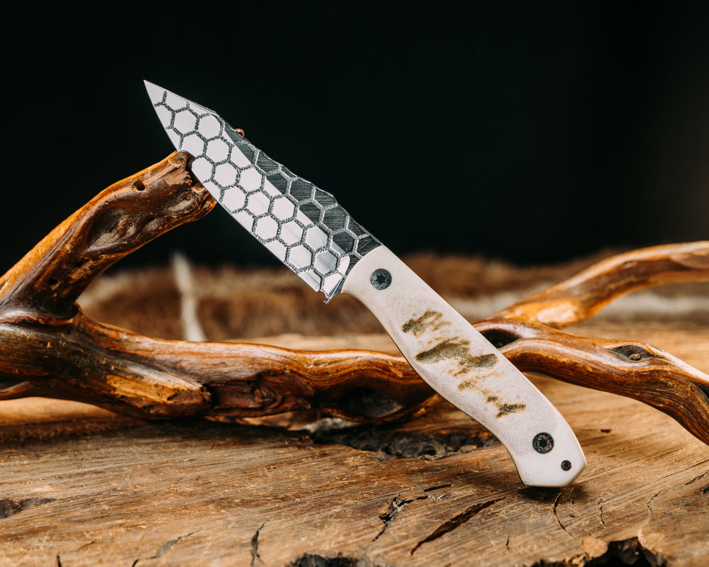 Field Knife Jr- Elk Antler, Mosaic Mosaic Pins, Textured Grip