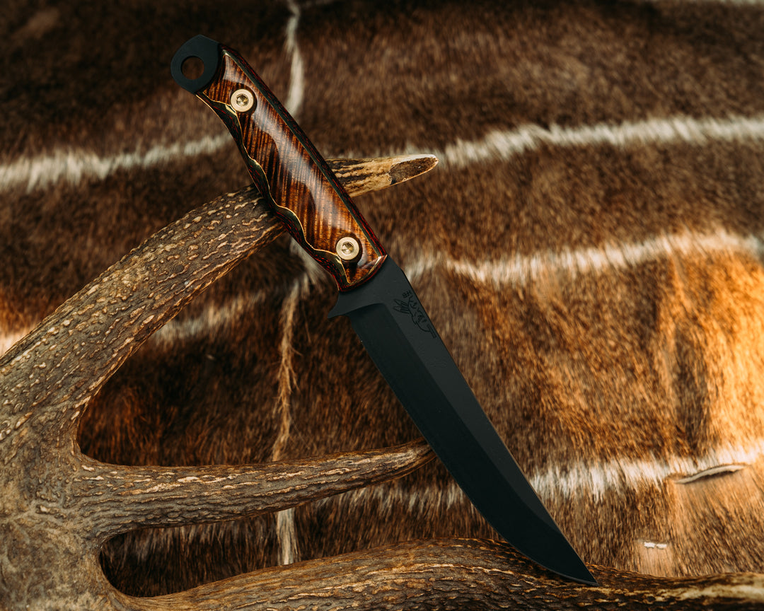 Crow Breakdown - Hawaiian Curly Koa & Lava Flow CF w/ Brass, Armor Black Cerakote, Brass Bolts, Grooved Grip
