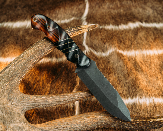Disaster Breacher - Black Burlap Micarta, Black G10 & Brass Pin Striping, Black Burlap Splits, Bison's Horn Split, Desert Ironwood, Mosaic Pins, Brass Lanyard Pin, Textured Grip.