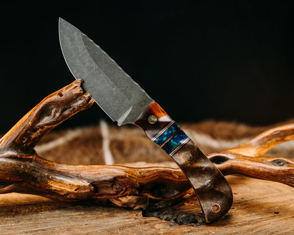 Cav Jr- Rosewood, Black G10 & Copper Pin Striping, Azurite Malachite TruStone Splits, Kasthni, Mosaic Pins, Copper Lanyard Pin, Textured Grip.