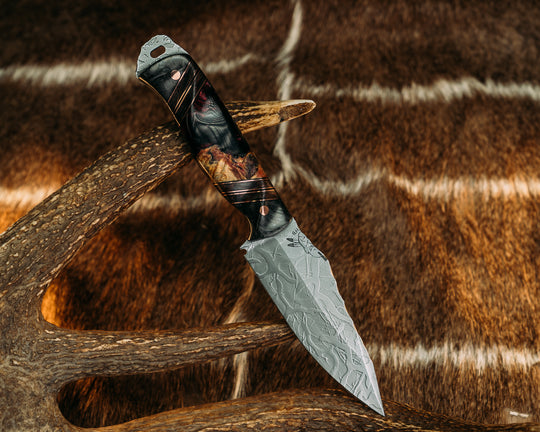 Field Knife - Dark Matter Carbon Fiber, Black G10 & Copper Pin Striping, Burl Resin, Dark Matter Carbon Splits, Copper Pins, Contoured Grip.