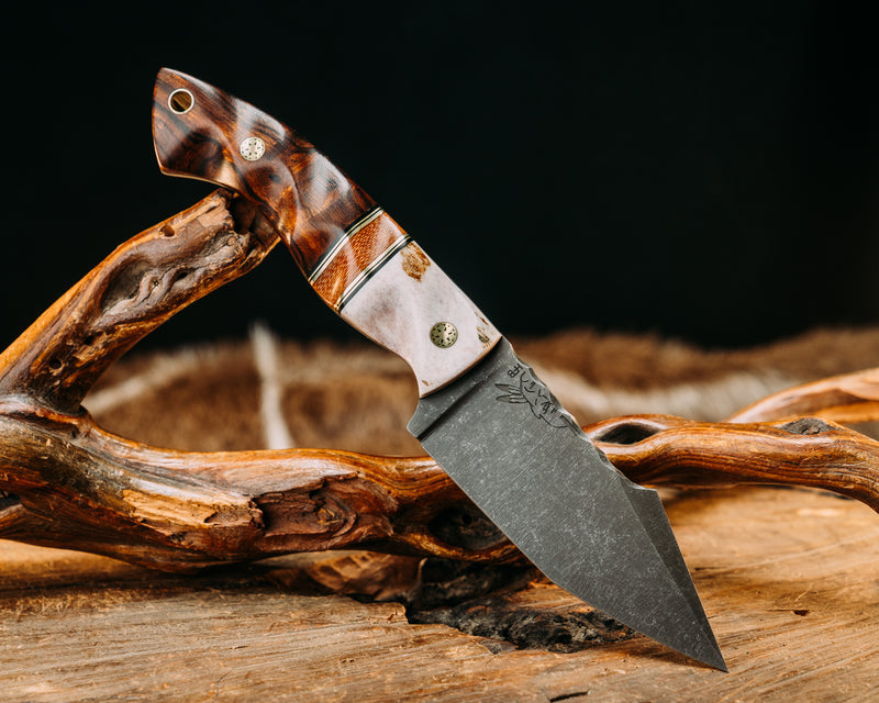 Modified Widow Maker- Elk Antler, Black G10 & Brass Pin Striping, Natural Canvas Micarta, Desert Ironwood, Mosaic Pins, Brass Lanyard Pin, Textured Grip.