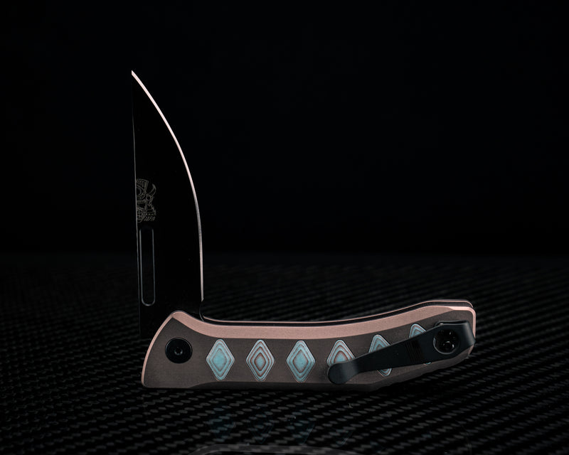 Custom Kwaiken Folder- Shipwreck Camoquartz Inlay, Anodized Grey Handle, Black Nitride Blade, Textured Grip, Deep Carry Pocket Clip