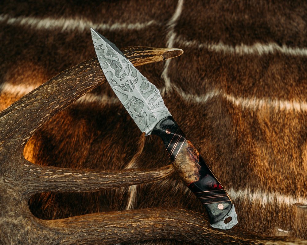 Field Knife - Dark Matter Carbon Fiber, Black G10 & Copper Pin Striping, Burl Resin, Dark Matter Carbon Splits, Copper Pins, Contoured Grip.