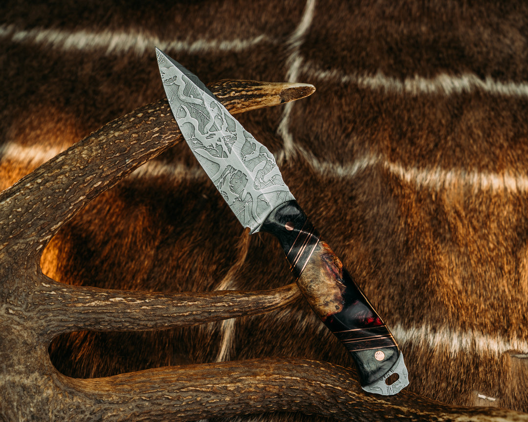 Field Knife - Dark Matter Carbon Fiber, Black G10 & Copper Pin Striping, Burl Resin, Dark Matter Carbon Splits, Copper Pins, Contoured Grip.