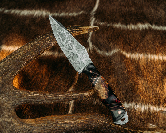 Field Knife - Dark Matter Carbon Fiber, Black G10 & Copper Pin Striping, Burl Resin, Dark Matter Carbon Splits, Copper Pins, Contoured Grip.