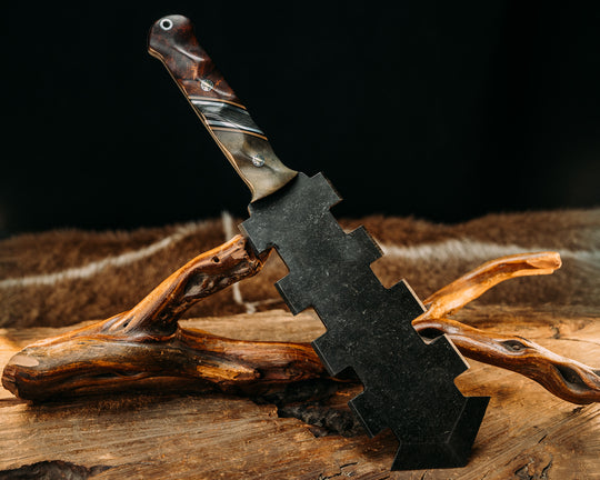 Mini Macuahuitl- Buckeye, Black & Coyote G10 Pin Striping, Aluminum & Carbon Fiber Split, Desert Ironwood, Mosaic Pins, Aluminum Lanyard Pin.