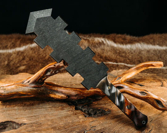 Mini Macuahuitl- Buckeye, Black & Coyote G10 Pin Striping, Aluminum & Carbon Fiber Split, Desert Ironwood, Mosaic Pins, Aluminum Lanyard Pin.