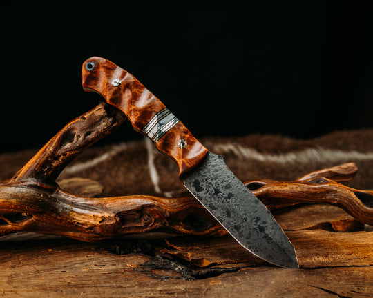 Disaster Jr - Amboyna , Black G10 & Brass Pin Striping, White w/ Black Web TruStone & Aluminum Splits, Mosaic Pins, Aluminum Lanyard Pin, Textured Grip.