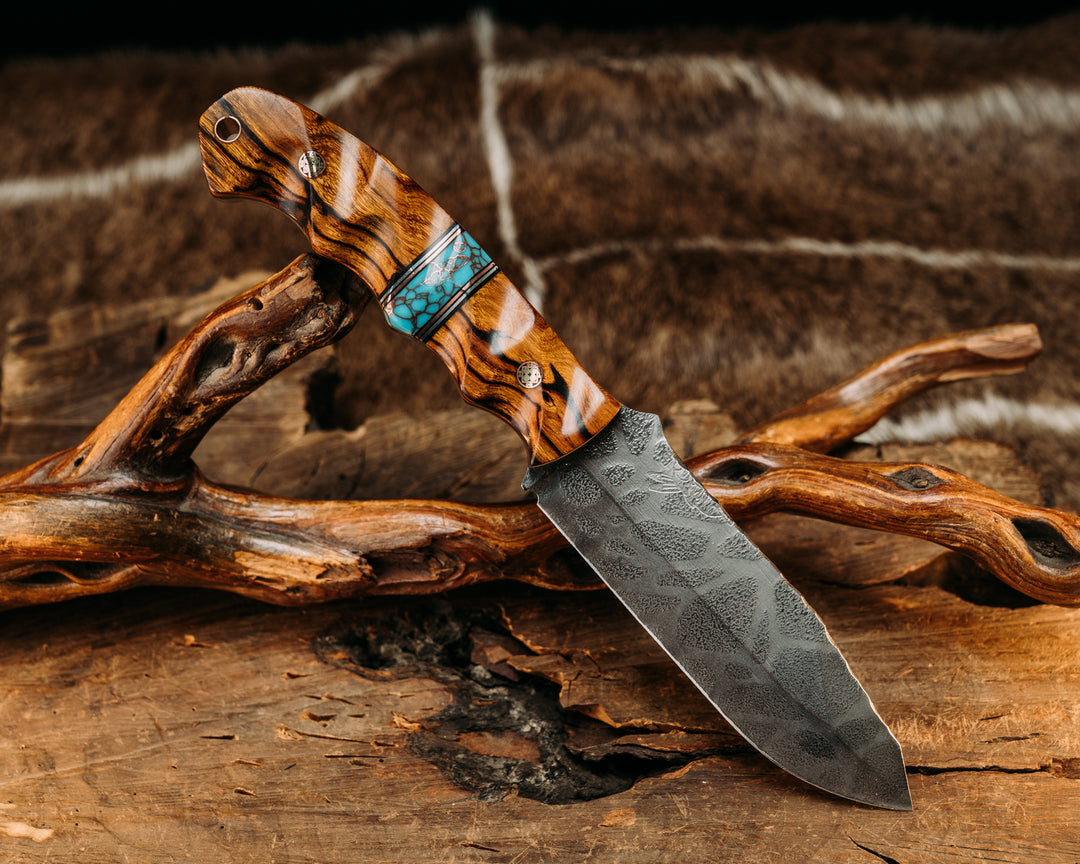 Disaster Breacher- Desert Ironwood, Black G10 w/ Aluminum & Copper Pin Striping, Turqouise w/ Copper Web, Mosaic Pins, Copper Lanyard Pin, Textured Grip.