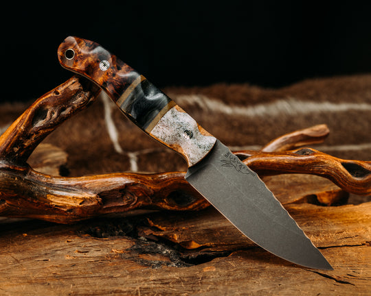 Crow Jr- Elk Antler Over Black Ash, OD Green & Black Canvas Micarta & Junglewear Carbon Splits, Desert Ironwood, Mosaic Pins, Textured Grip.