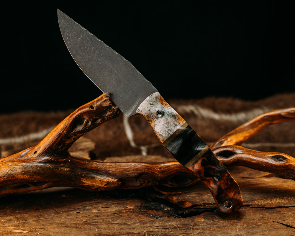 Crow Jr- Elk Antler Over Black Ash, OD Green & Black Canvas Micarta & Junglewear Carbon Splits, Desert Ironwood, Mosaic Pins, Textured Grip.