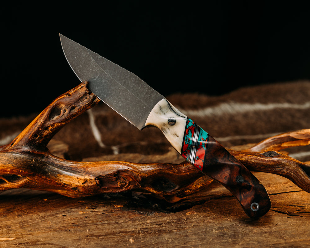 Crow Jr- Giraffe Bone, Black & Aluminum Pin Striping, Sonoran Sunset TruStone Splits, Desert Ironwood, Mosaic Pins, Alumium Lanyard Pin, Textured Grip.