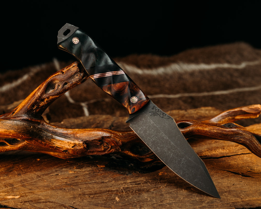 Field Knife- Desert Ironwood, Black G10 & Copper Pin Striping, Dyed Redwood, Mosaic Pins, Textured Grip.