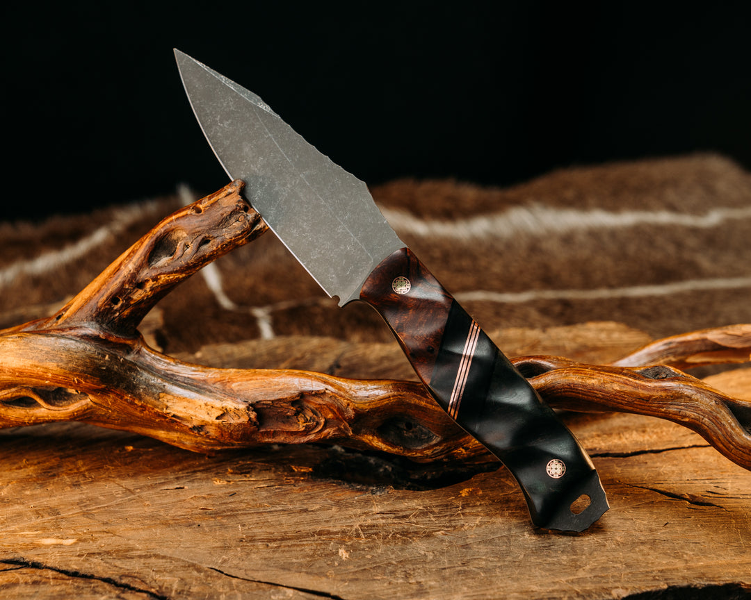 Field Knife- Desert Ironwood, Black G10 & Copper Pin Striping, Dyed Redwood, Mosaic Pins, Textured Grip.