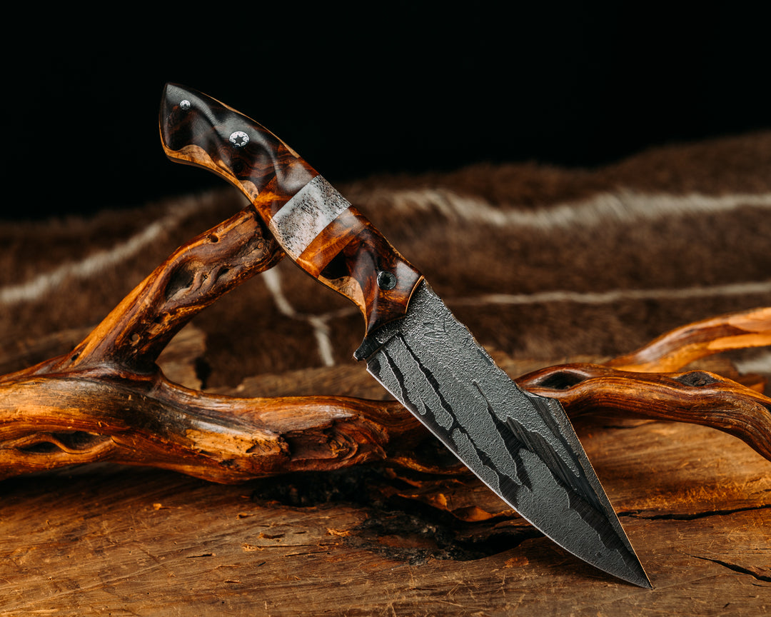 Widow Maker- Desert Ironwood on Black Ash, Desert Ironwood & Elk Antler Splits, Mosaic Pins, Textured Grip.