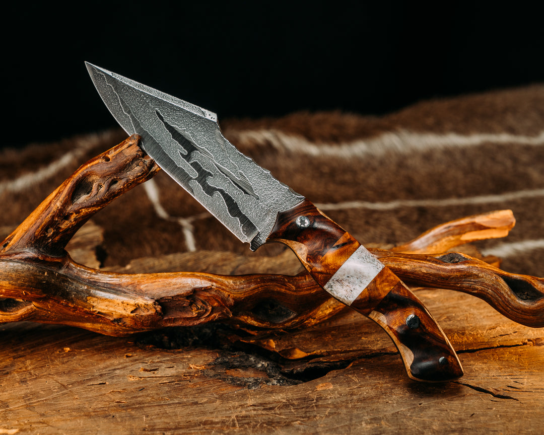 Widow Maker- Desert Ironwood on Black Ash, Desert Ironwood & Elk Antler Splits, Mosaic Pins, Textured Grip.