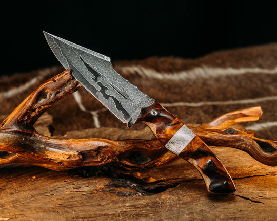 Widow Maker- Desert Ironwood on Black Ash, Desert Ironwood & Elk Antler Splits, Mosaic Pins, Textured Grip.
