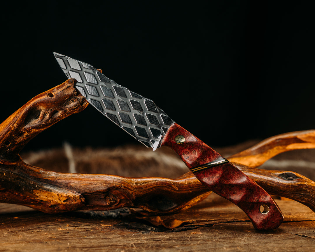 Field Knife Jr- Dyed Black Ash, Black G10 & Brass Split, Mosaic Pin, Brass Lanyard Pin, Textured Grip.